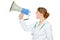 Frustrated doctor woman yelling through megaphone