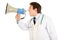 Frustrated doctor yelling through megaphone