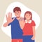Frustrated male and female couple reaching forward. Gesture of a stop. Human emotions. flat vector