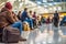 Frustrated passengers waiting at the airport due to flight delays.