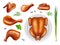 Fryed chicken. Realistic food illustration of grilled meat with delicious brown skin gourmet products decent vector