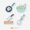 Frying Egg on Pan, Mortar and Pestle, Meal Big Knife, Hand Mix Whisk. Cooking Doodle Sticker Icon Set Vector Illustration