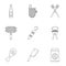 Frying meat icons set, outline style