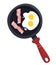 Frying pan with bacon and eggs. Breakfast. Vector illustration in cartoon flat style.