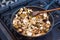 Frying pan full of chopped, fresh bay boletes and boletus,