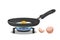 Frying pan on a gas stove with a fried egg and eggshell isolated
