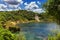 Frying pan lake view with steam in Waimangu volcanic valley park in Rotorua