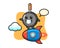 Frying pan mascot character riding a rocket