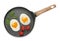 Frying pan with tasty fried eggs with yolks in shape of heart and tomato on white background, top view