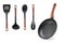 Frying pan wooden handle and a set of four blades, ladle isolate.