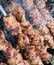 Frying pork on a skewer over a . Turning meat over coals. Appetizing shish kebab