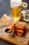 Frying shrimps on wooden board