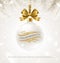 FrÃ¶hliche weihnachten. Hanging white Christmas bauble with glitter gold bow ribbon and greeting in German with flourishes element