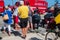 Ft Lauderdale, Florida - May 4, 2019: Paramedics and police officers attend to woman who was injured when she lost control of her