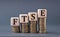 FTSE - acronym on wooden cubes on coins on a gray background