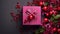 Fuchsia Gift Box With Red Berries And Branches - Hyperrealistic Tabletop Photography