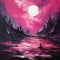 Fuchsia Gothic Seascape Abstract Painting With Boat And Castle