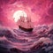 Fuchsia Rococo Seascape Abstract: Surrealistic Fantasy Ship In Vibrant Ocean