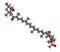 Fucoxanthin brown algae pigment molecule. Ingredient of some dietary supplements. 3D rendering. Atoms are represented as spheres.