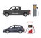 Fuel alternative vehicle vector team-car or gas-truck and solar-van or gasoline electricity station illustration set of