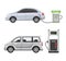 Fuel alternative vehicle vector team-car or gas-truck and solar-van or gasoline electricity station illustration set of