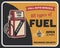 Fuel auto service vintage poster with retro gas pump and texts. Car service, parts and mechanic on duty, transport