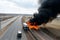 Fuel carrier in flames. Truck burning on the road. Neural network AI generated