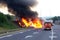 Fuel carrier in flames. Truck burning on the road. Neural network AI generated