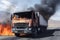 Fuel carrier in flames. Truck burning on the road. Neural network AI generated