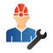 Fuel engineer flat icon. Oil miner man, construction worker in helmet with wrench. Oil industry vector design concept