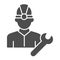Fuel engineer solid icon. Oil miner man, construction worker in helmet with wrench. Oil industry vector design concept