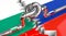 Fuel/ gas pipeline with a knot, flags of Bulgaria and Russia - 3D illustration