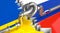 Fuel/ gas pipeline with a knot, flags of Ukraine and Russia - 3D illustration