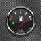 Fuel gauge. Full tank. Round black car dashboard 3d device on metal perforated background