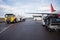 Fuel Truck Airplane On Wet Airport Runway