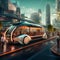 Fueling the Future: Futuristic vehicle in a bustling cityscape