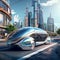 Fueling the Future: Futuristic vehicle in a bustling cityscape