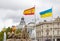 Fuente de Cibeles with Spanish and Ukrainian Flags