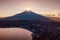 Fuji Diamond at Lake Yamanaka in winter season. Diamond Fuji is