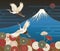 Fuji mountain, Cranes and Chrysanthemum flowers