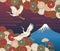 Fuji mountain, Cranes and Chrysanthemum flowers