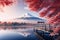 Fuji Mountain in Kawaguchiko lake, Japan. Nature background, Colorful Autumn Season and Mount Fuji with morning fog and red leaves