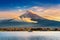 Fuji mountain and Kawaguchiko lake at sunset, Autumn seasons Fuji mountain at yamanachi in Japan