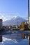 Fuji mountain in moning light with blue sky and Fuji reflect in