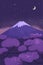 Fuji mountain at night with starry sky and moon. Japanese scenery vector illustration with cherry blossom trees at