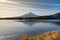 Fuji mountain reflecting its shadow in kawaguchiko lake