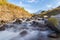 Fuji Mountain and waterfall with stones at Shiba River. Nature landscape background. it is located in Japan in travel trip on