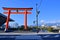 Fujinomiya, Japan - April 10, 2023: Torii or red wood gate at MT. fuji world heritage centre, Fujiyama, Shizuoka, Japan