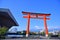 Fujinomiya, Japan - April 10, 2023: Torii or red wood gate at MT. fuji world heritage centre, Fujiyama, Shizuoka, Japan