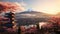 Fujiyoshida, Japan Beautiful view of mountain Fuji and Chureito pagoda at sunrise, japan in the spring with cherry blossoms